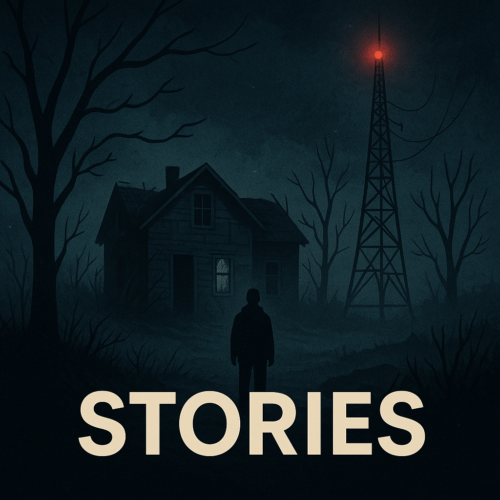 A shadowy figure stands in front of an abandoned house.  A radio tower with a red light beams from the top.